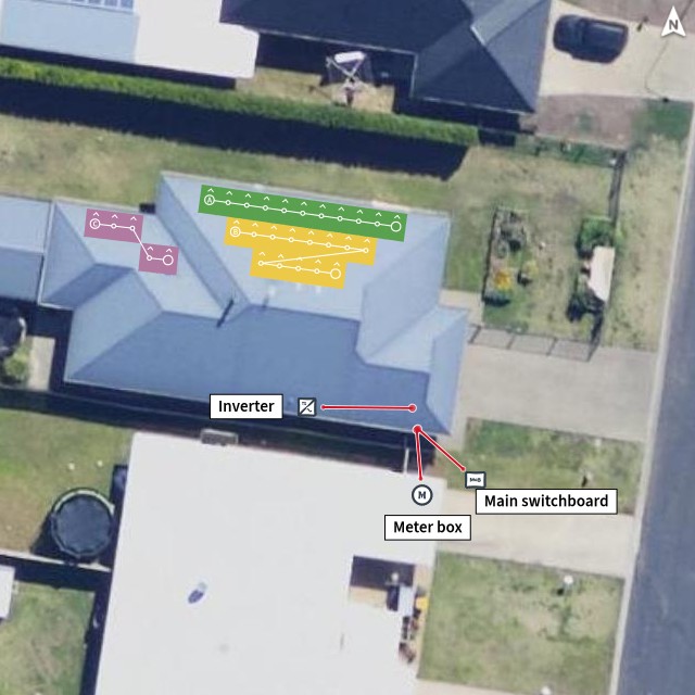 Solar design on an aerial view of a house: panel strings colour-coded on the roof, with the inverter, meter box and main switchboard marked